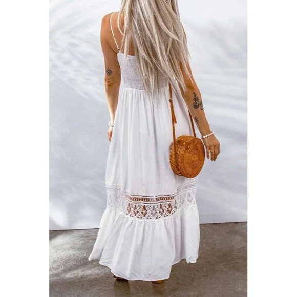 Bohemian Crochet Lace Trim Tiered Summer Maxi Dress White CottageCore Wedding - Picture 3 of 5